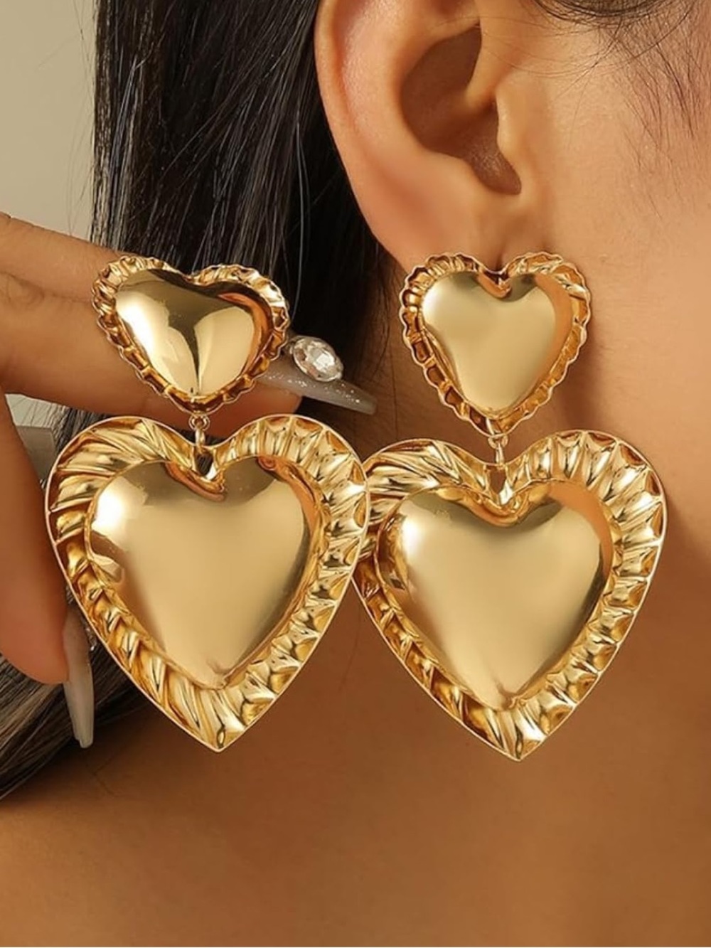 Anthropologie Shiny Gold Double Heart Drop Earrings
